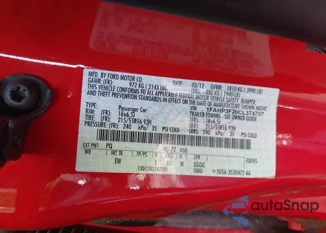 2012 Ford Focus Se из США, поврежденный, VIN 1FAHP3F20CL374707